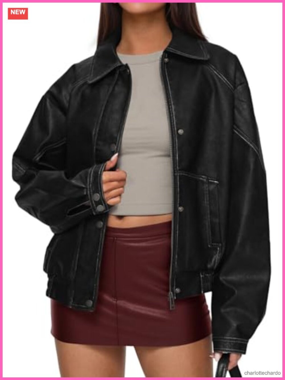 Faux Leather Oversized Moto Biker Jacket Button-Down Trench